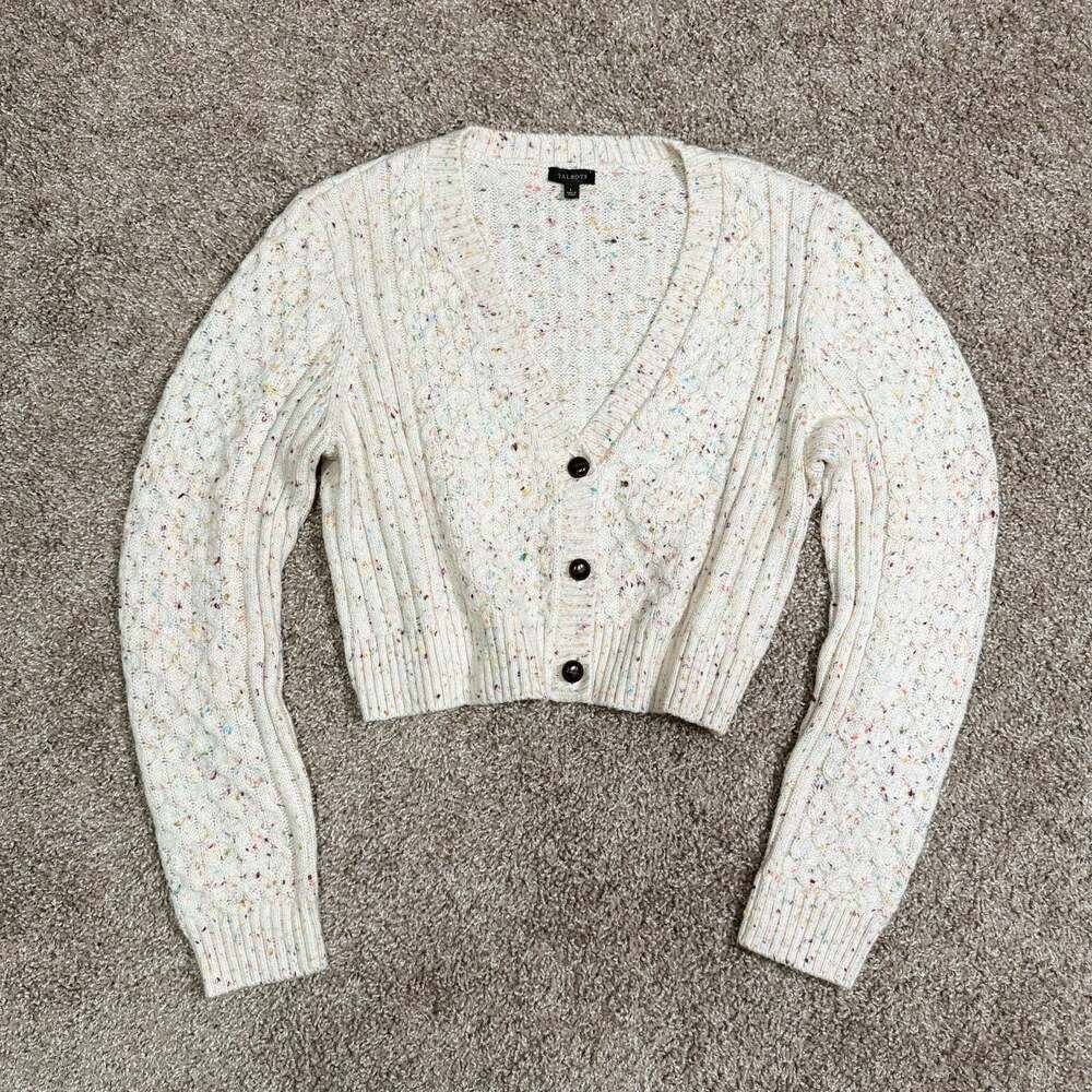 Talbots Confetti Cabke Knit Cropped Cardigan Cottagecore Cozy Sweater L